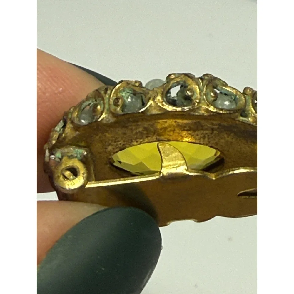 Vintage Yellow Glass‎ Oval Clip-On Earrings Brass Filigree Beaded Stud Women